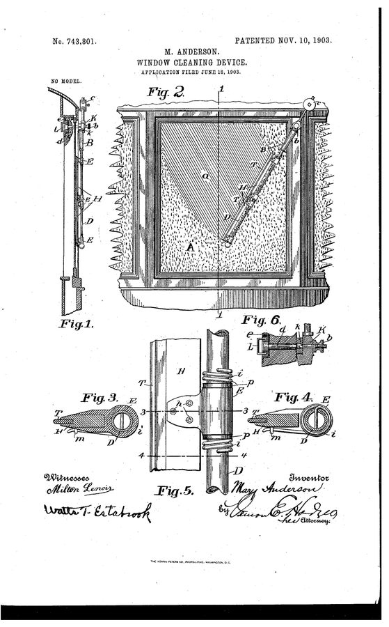 Patent drawing of a window with a swinging wiper blade and a lever handle