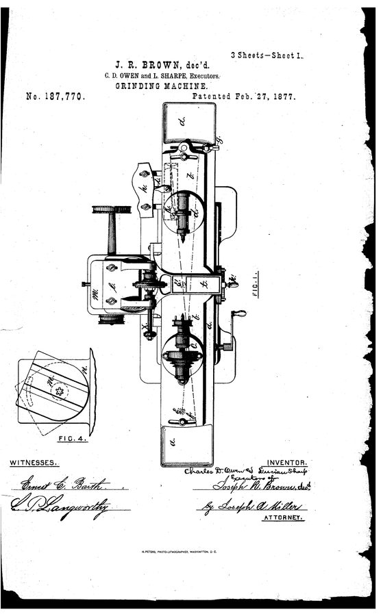 Patent drawing of a grinding machine with a grinding wheel, table and headstock