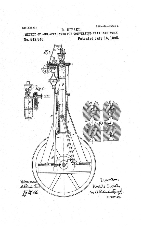 Patent drawing of an upright engine with a large flywheel, piston and cylinder