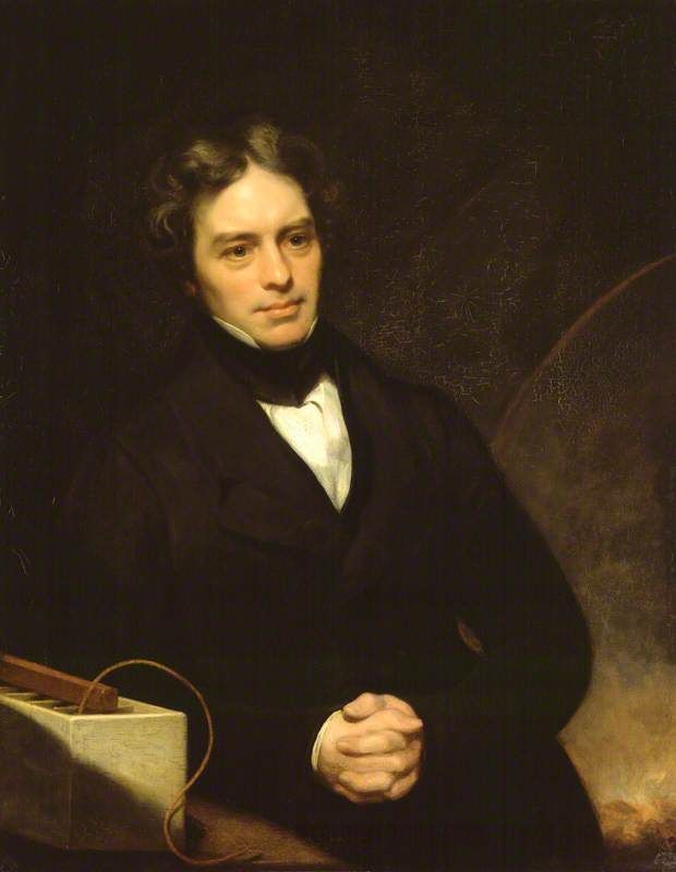 Painted portrait of Michael Faraday seated, in a dark coat, holding a sheet of paper