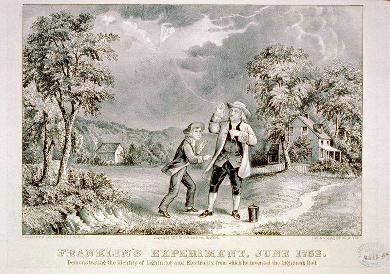 Coloured print of Benjamin Franklin and a boy flying a kite under storm clouds, with a key hanging from the string