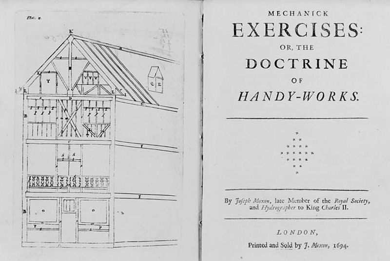 Engraved frontispiece showing a workshop scene beside the title page of Mechanick Exercises