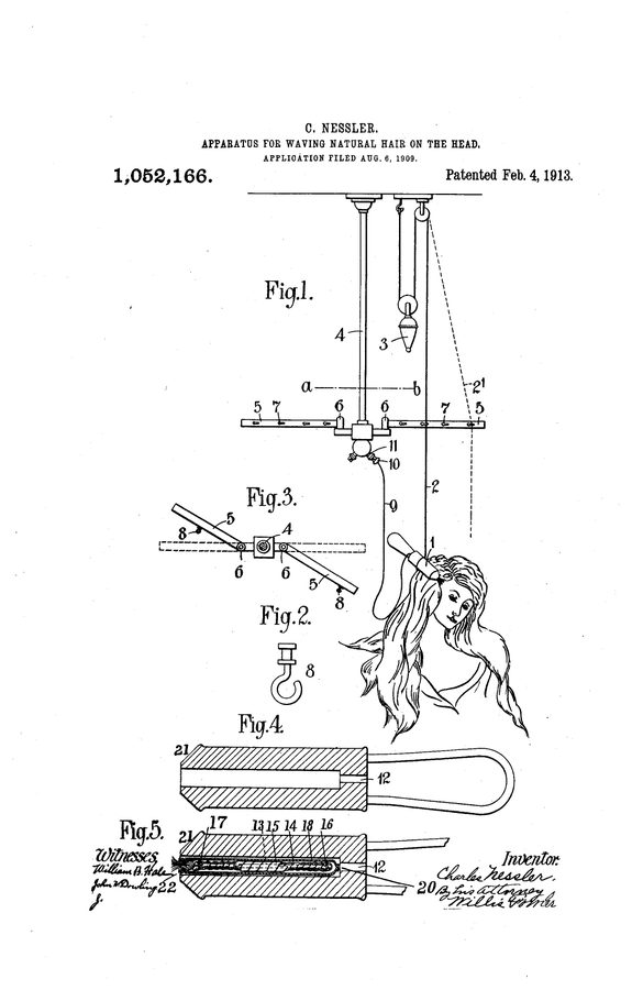 Patent drawing of a woman's head with sections of hair wound in heated tubes hanging from a frame