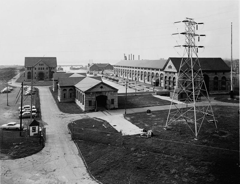Black and white photo of the stone Adams power plant buildings at Niagara Falls