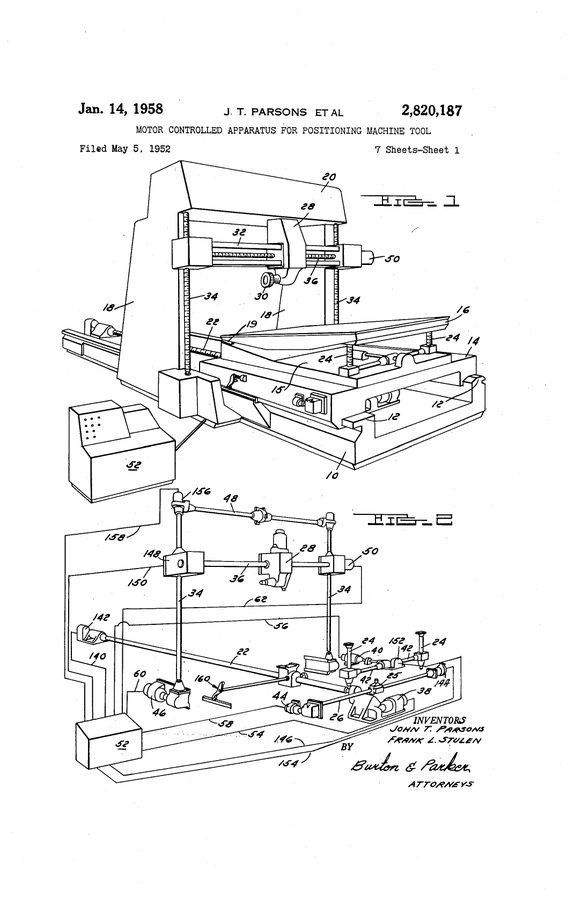Patent drawing of a milling machine with motors and a control cabinet