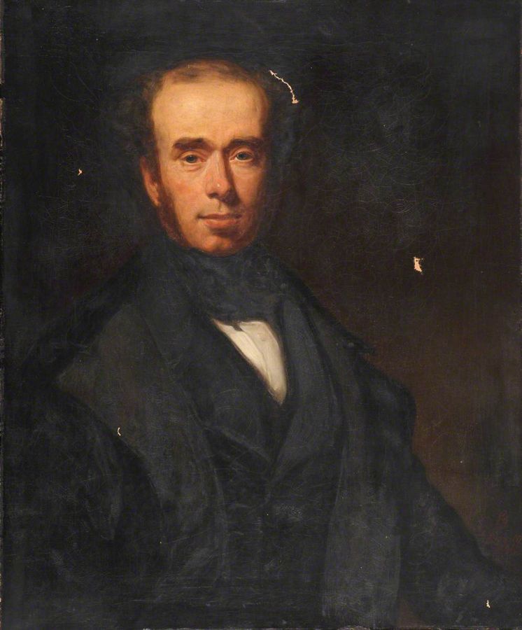 Painted portrait of Joseph Whitworth in a dark coat and high white collar