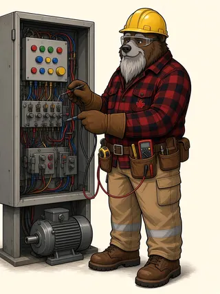 Gary the Grizzly, the RedSkillTrade mascot, working as a Industrial Electrician